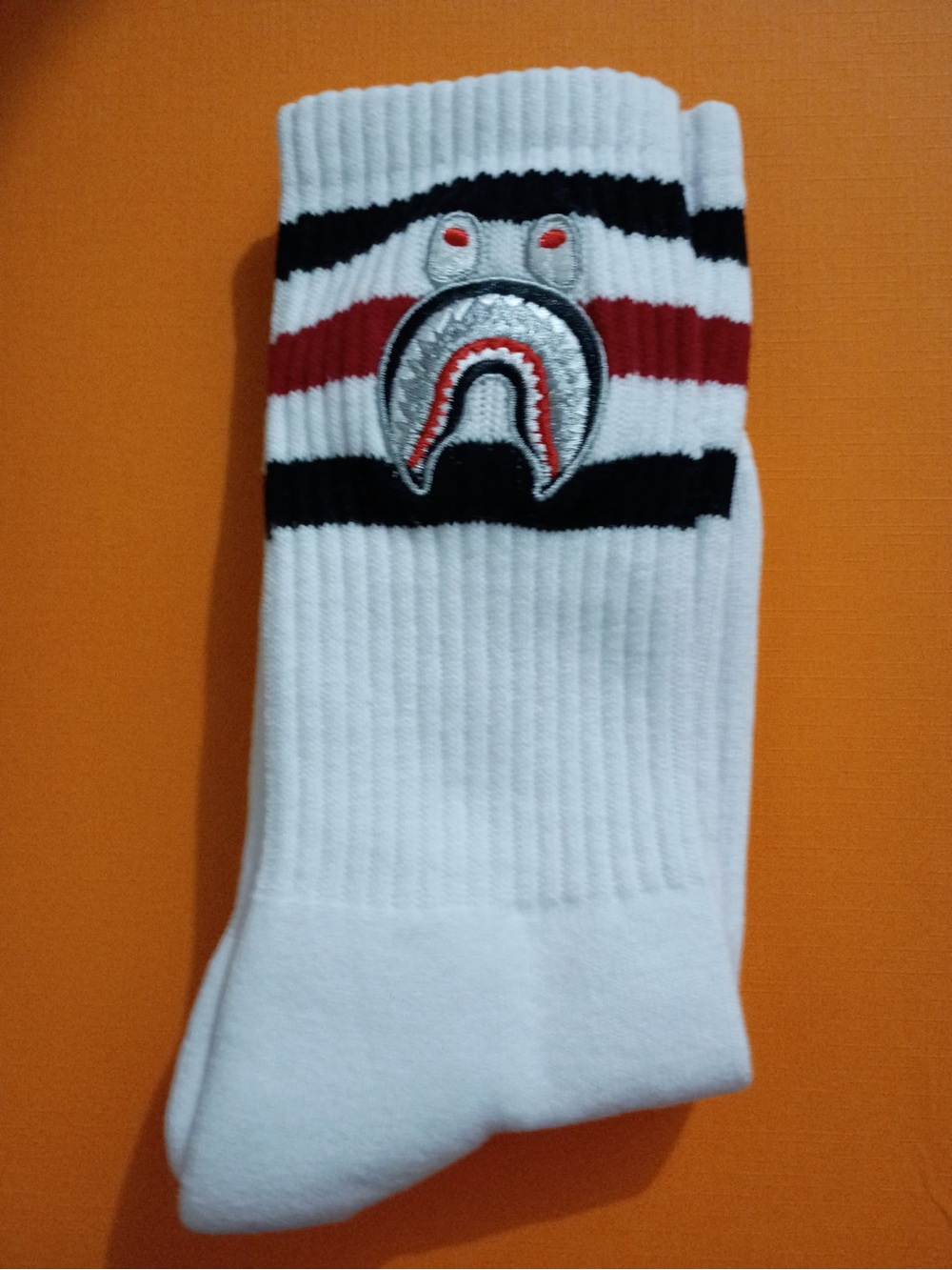 White Unisex Crew Socks with Black and Red Stripes